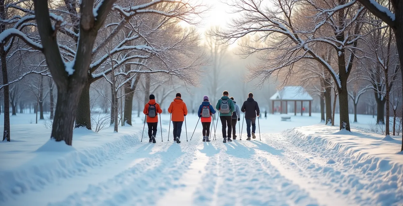 Groupe de personnes pratiquant la marche nordique dans un parc enneigé du Québec