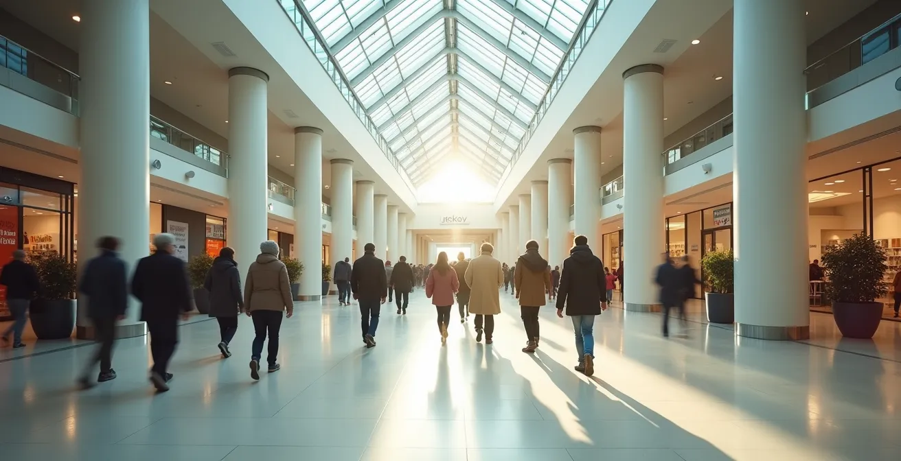 Vue large d'un centre commercial québécois avec des personnes marchant activement dans les allées lumineuses