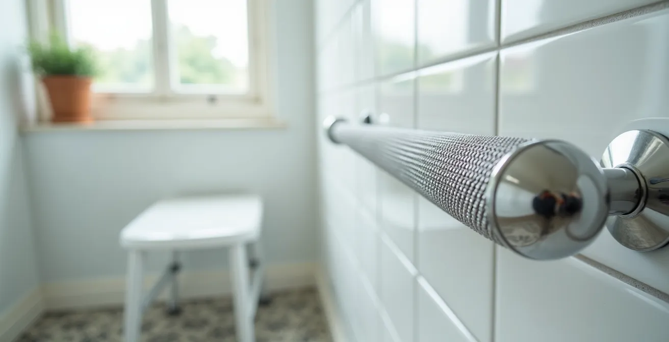 Salle de bain adaptée avec barres d'appui et siège de douche dans une maison québécoise