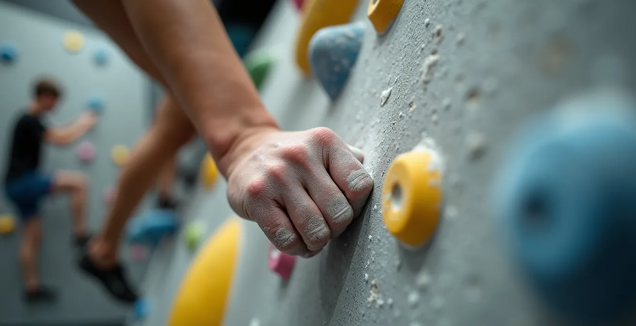 Groupe d'adolescents pratiquant l'escalade de bloc dans un centre intérieur québécois