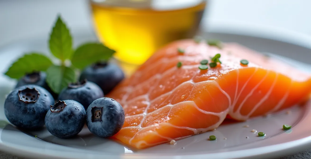 Arrangement artistique de produits anti-inflammatoires québécois incluant bleuets, saumon et huile de canola