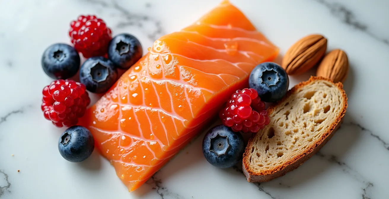 Composition d'aliments santé typiques du Québec incluant bleuets, canneberges et grains entiers