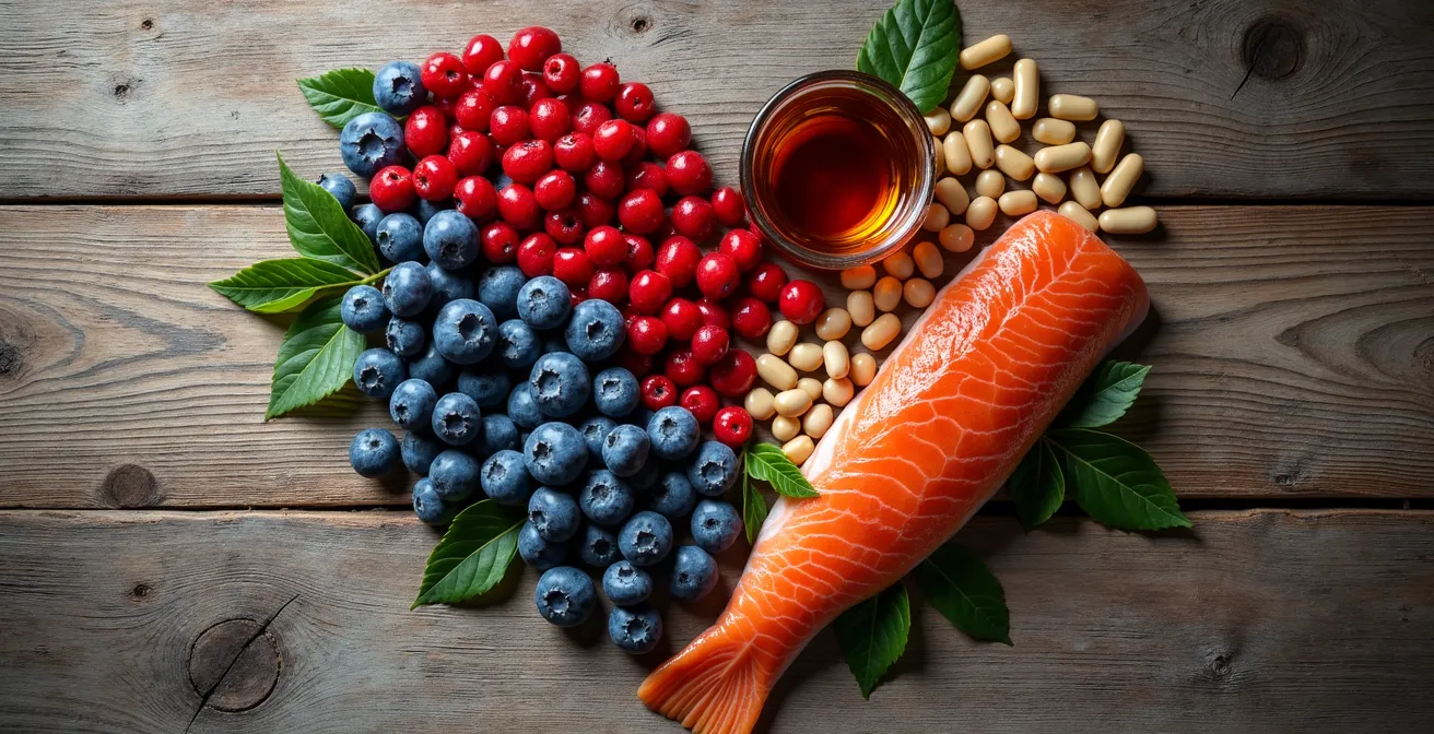 Arrangement artistique d'aliments québécois bénéfiques pour le cœur sur une table en bois rustique