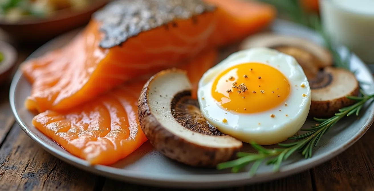Nature morte d'aliments riches en vitamine D comme le saumon, les œufs et les champignons, disposés sur une table rustique.