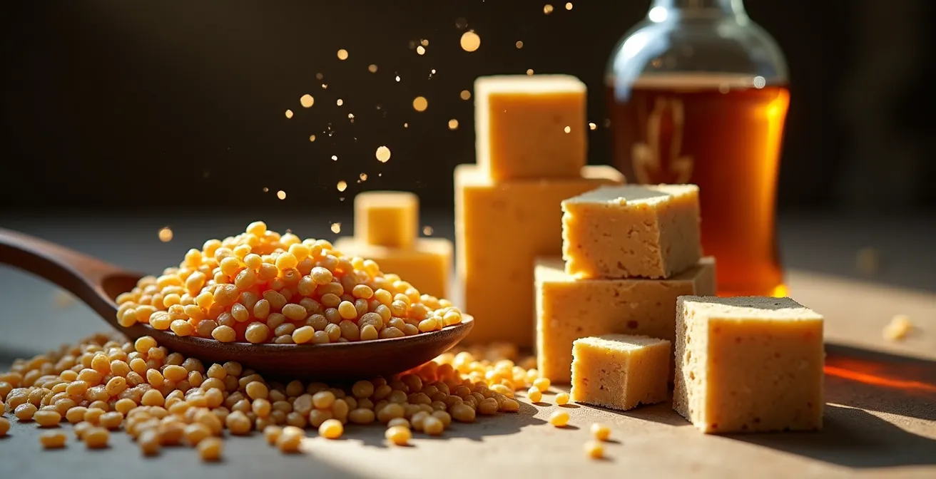 Composition symbolique de sources de protéines végétales locales dans une lumière dorée