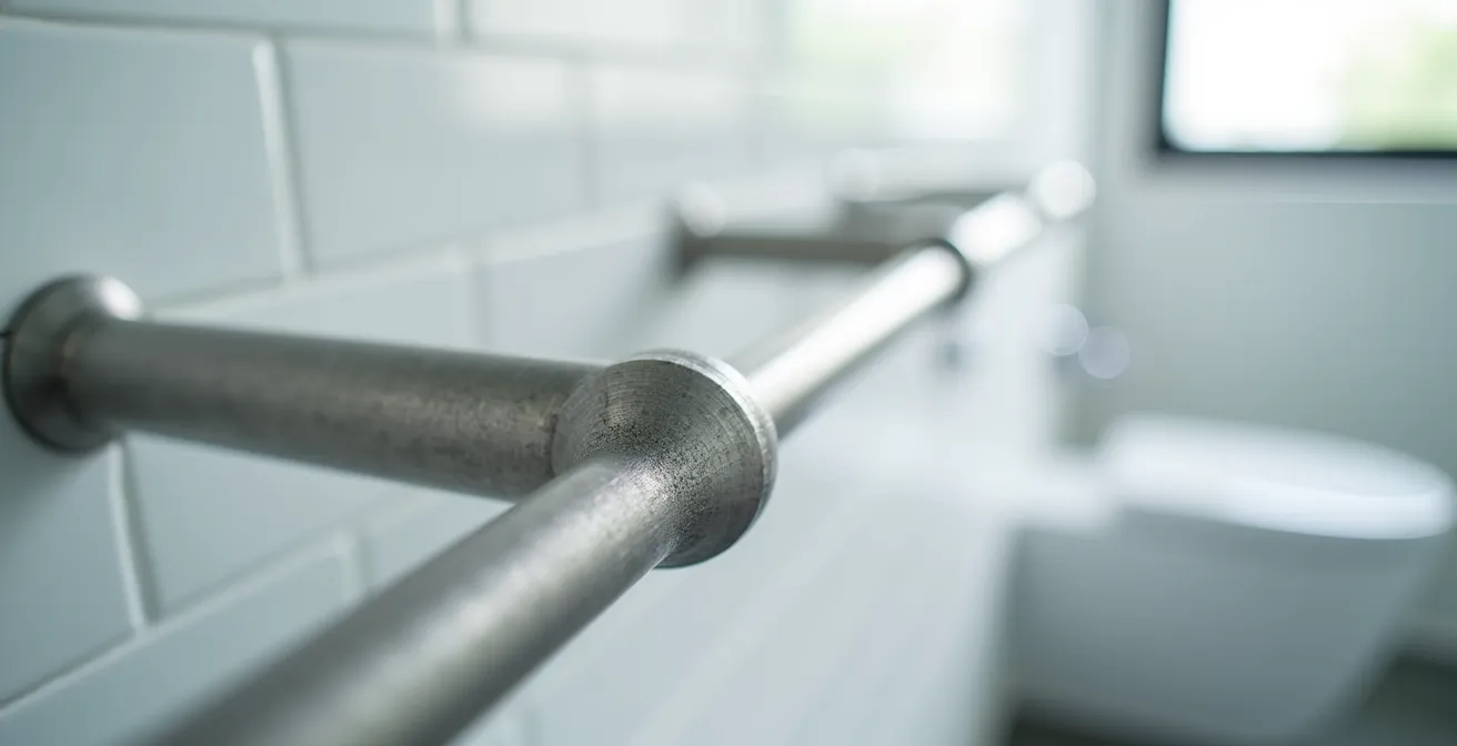 Vue macro de barres d'appui métalliques texturées dans une salle de bain moderne