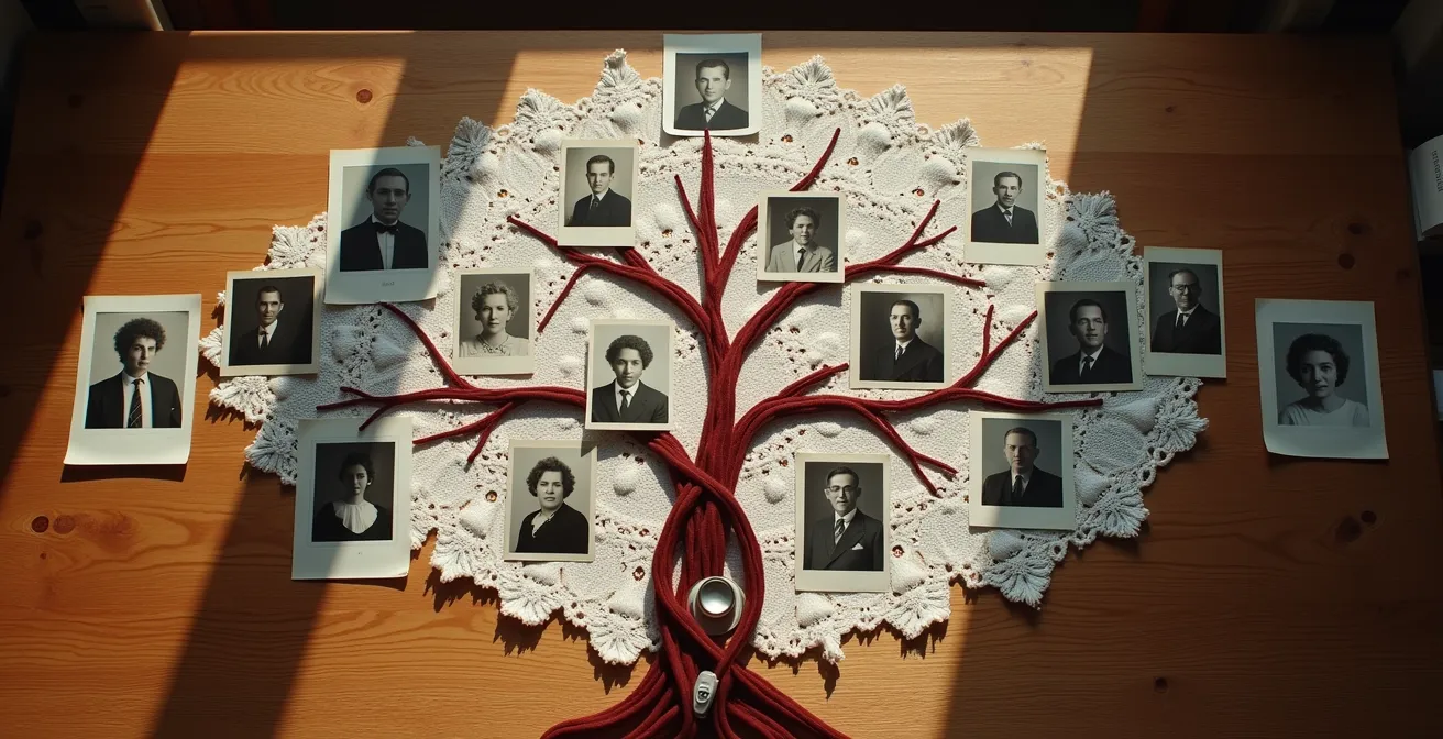 Représentation visuelle d'un arbre généalogique médical avec des symboles de santé et des connexions familiales