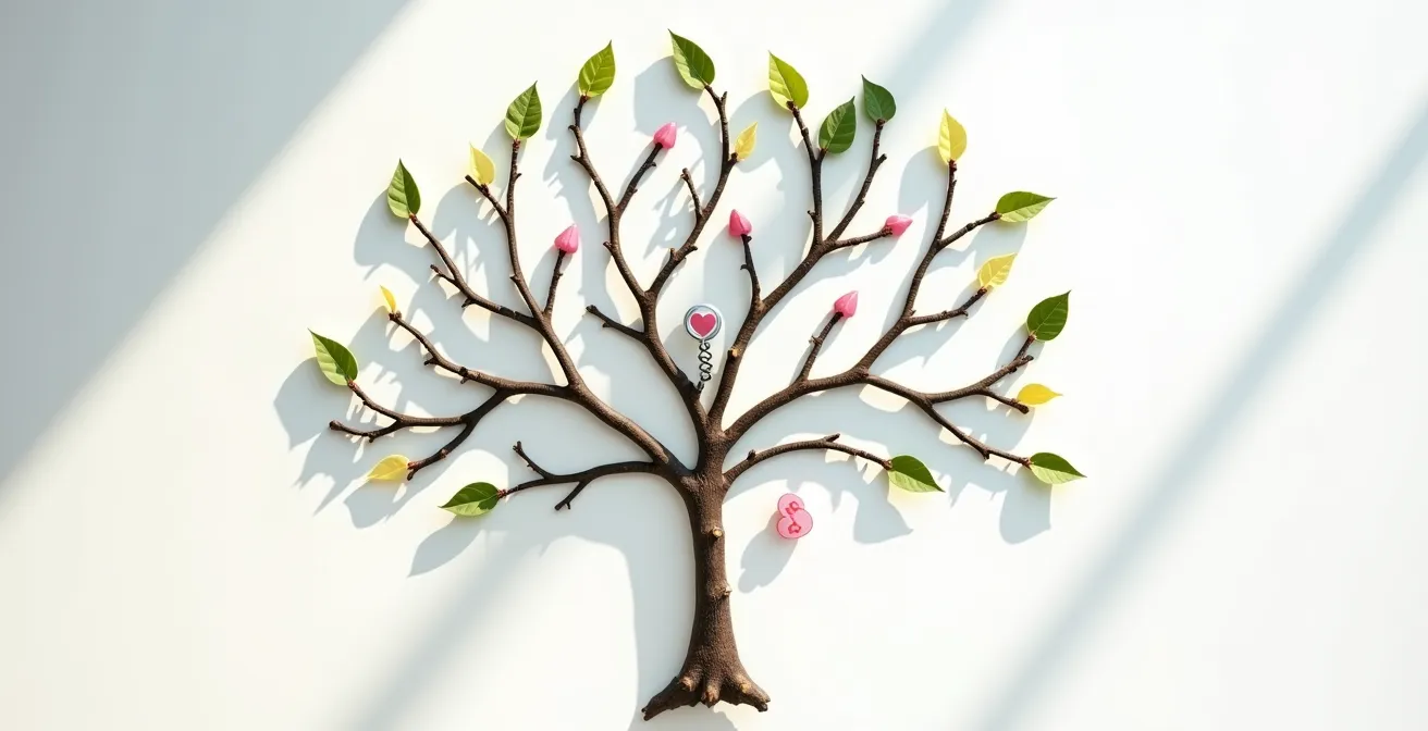 Arbre généalogique médical stylisé avec symboles de santé