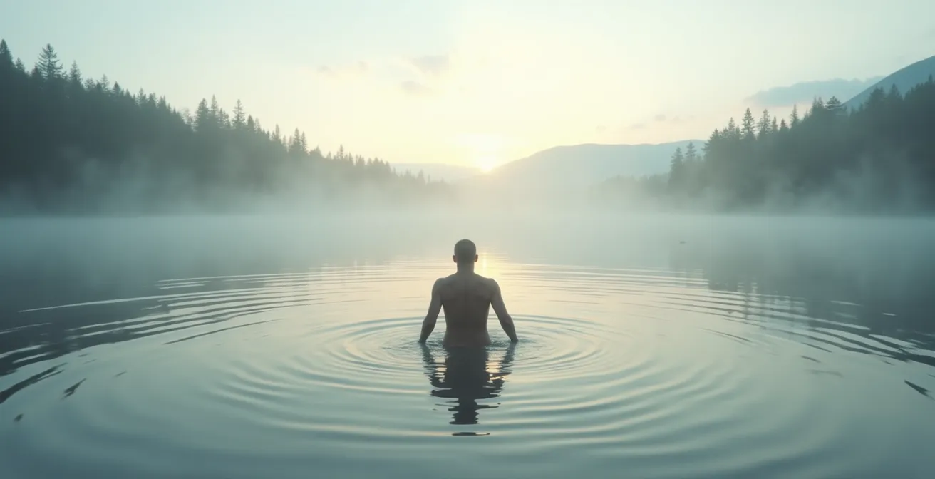 Athlète pratiquant l'immersion en eau froide dans un lac québécois pour la récupération