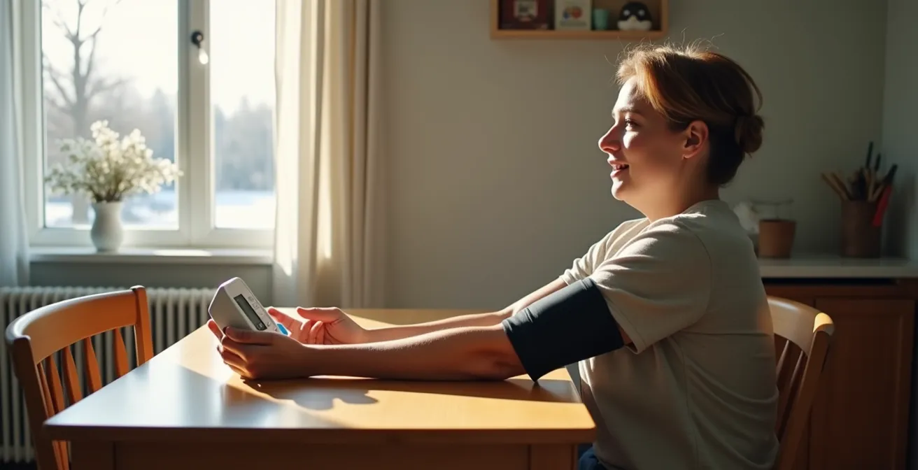 Personne effectuant une automesure de tension à domicile avec un tensiomètre validé dans un environnement calme
