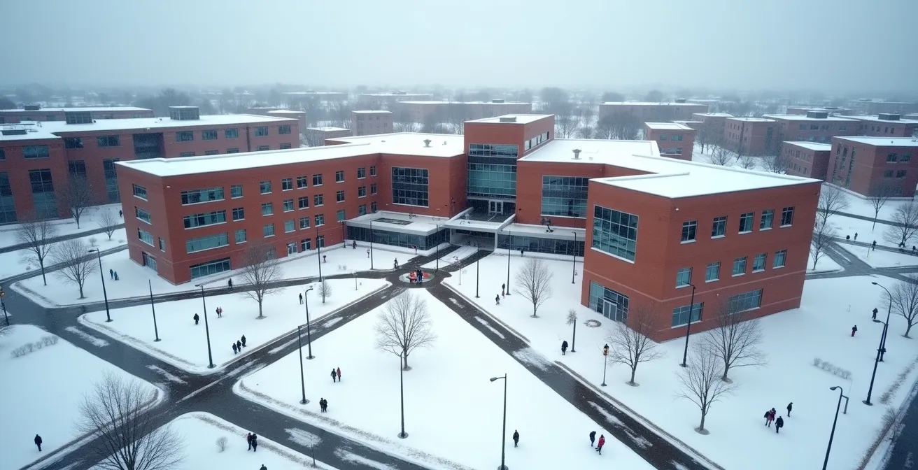 Vue aérienne d'un CLSC québécois entouré de sentiers pédestres enneigés reliant différents services de santé