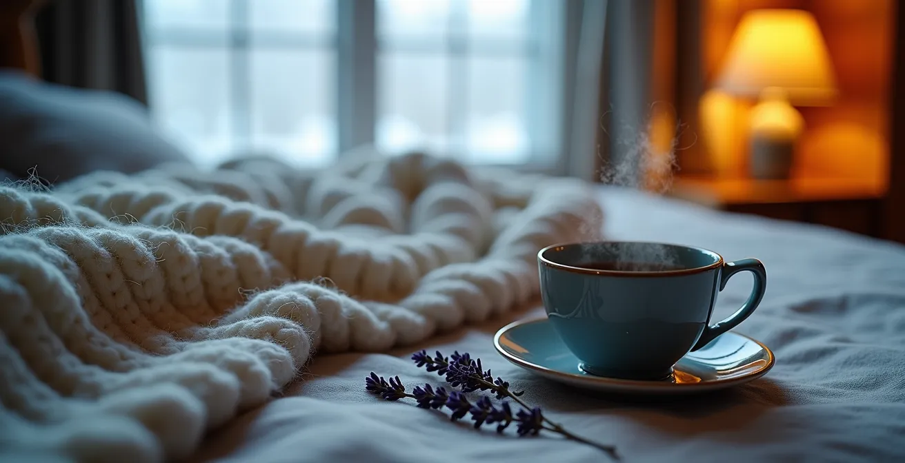 Chambre à coucher québécoise avec ambiance apaisante pour le sommeil hivernal