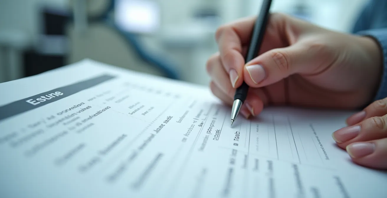 Gros plan sur des mains tenant un document de devis dentaire avec un stylo, dans un cabinet dentaire québécois