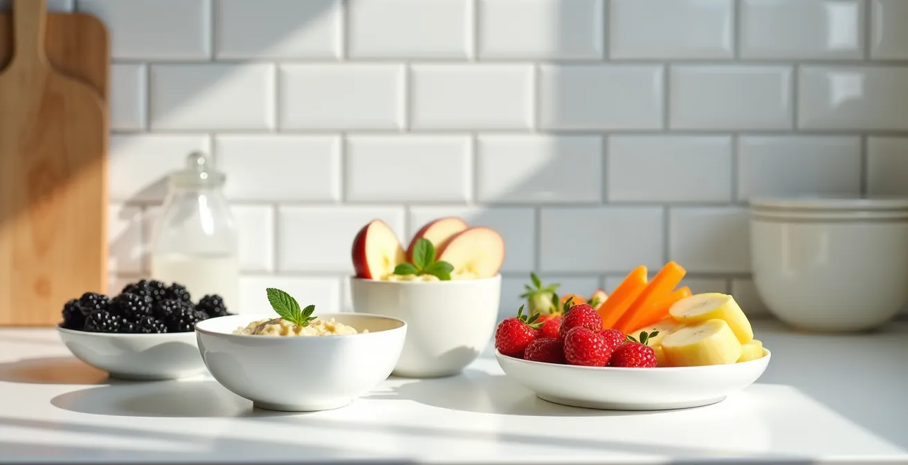 Arrangement de collations santé québécoises montrant des combinaisons protéines et fibres