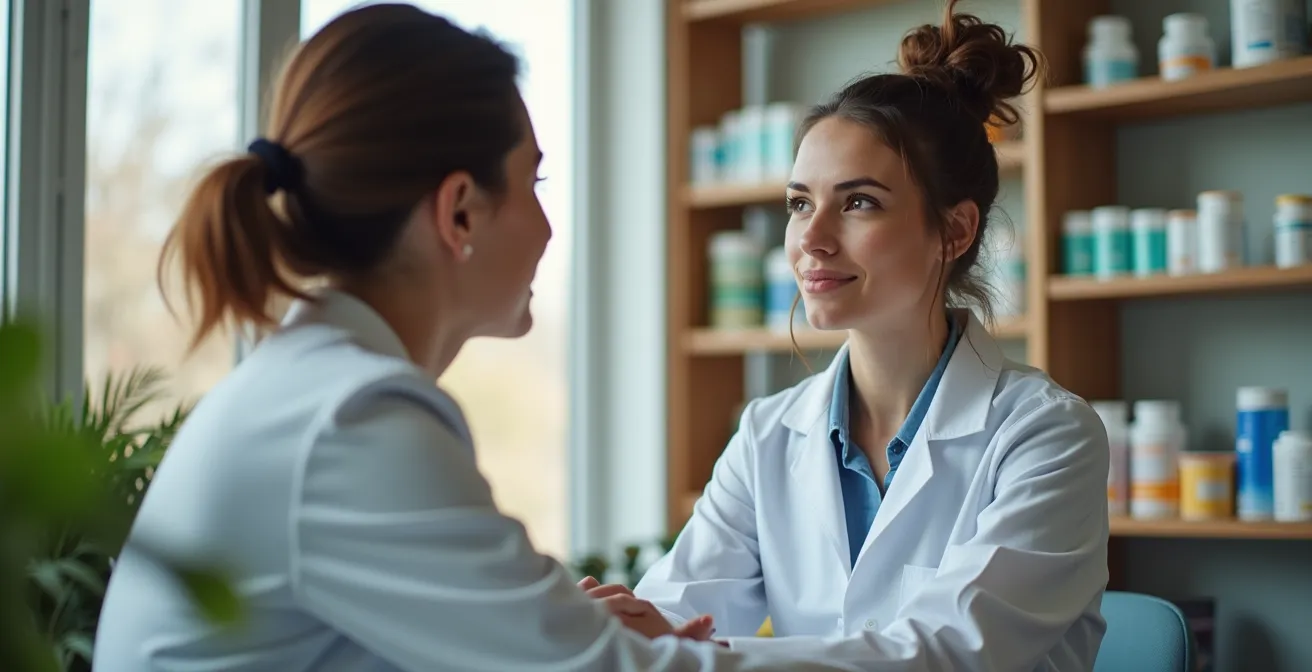 Pharmacien québécois en consultation privée avec un patient dans un espace moderne et confidentiel