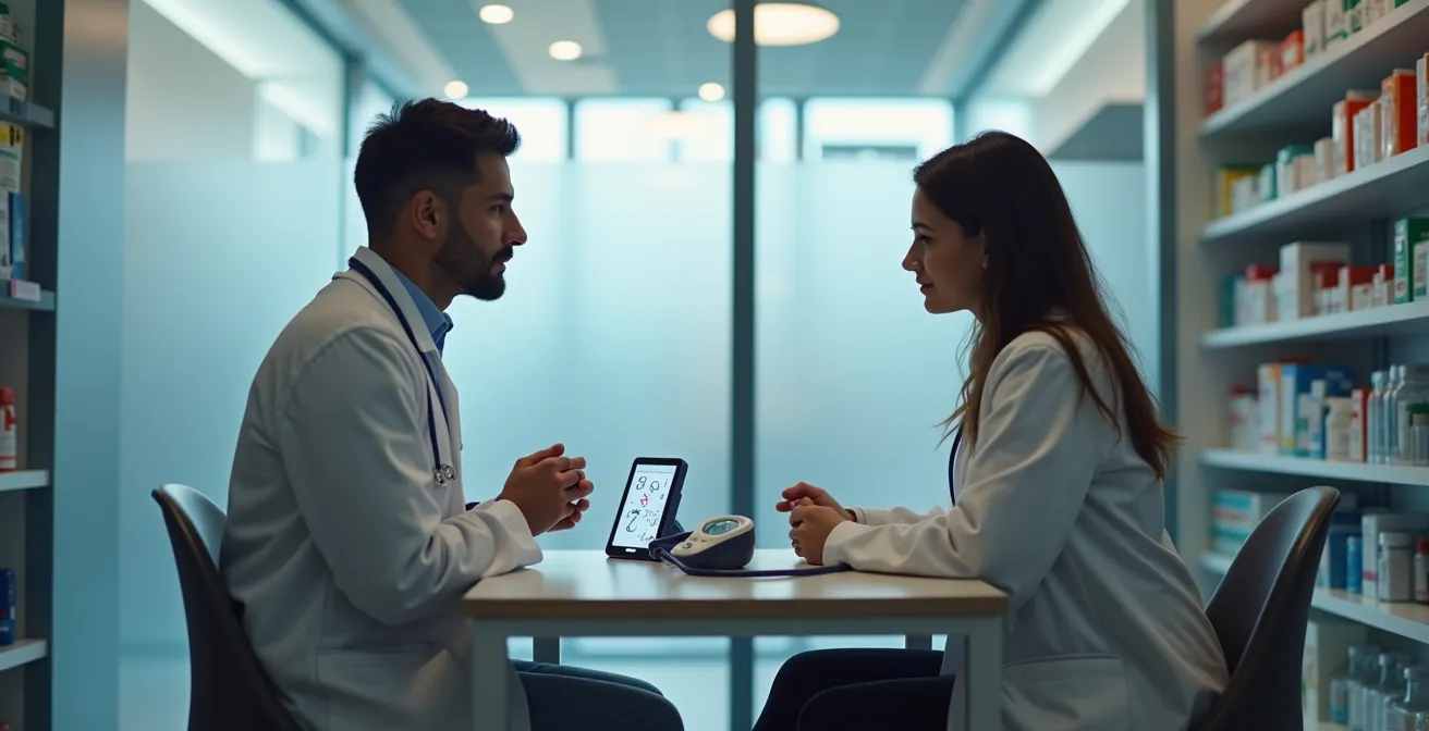 Pharmacien consultant un patient dans un espace de consultation privé en pharmacie