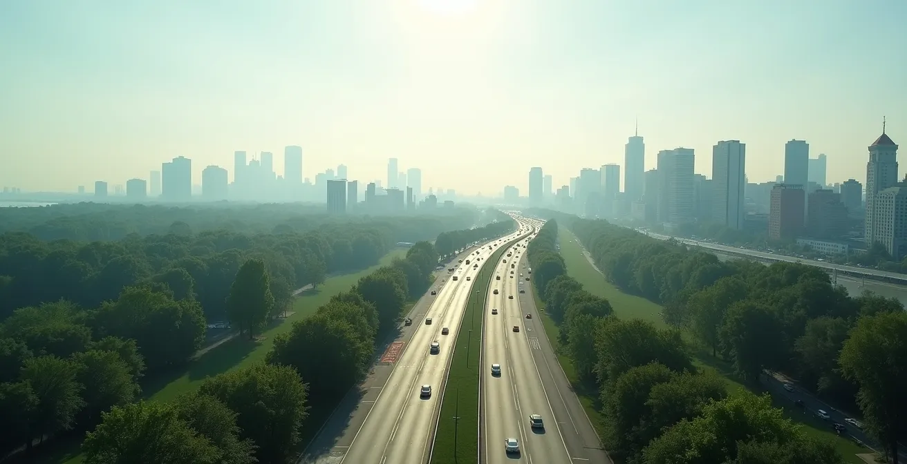 Vue aérienne minimaliste de Montréal montrant le contraste entre zone verte du Mont-Royal et zones urbaines denses