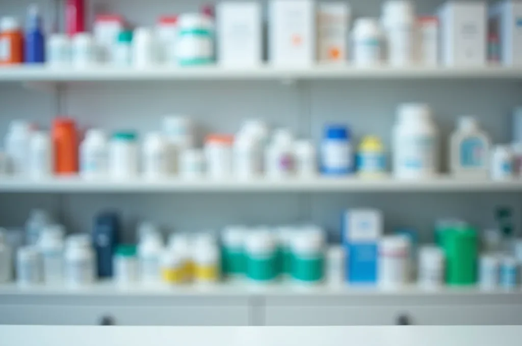 Vue en plongée d'un comptoir de pharmacie avec professionnels en consultation