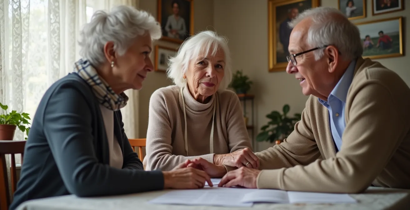 Couple de retraités québécois consultant des documents avec conseiller dans un environnement chaleureux