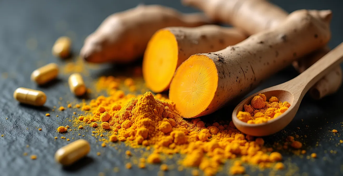 Racines de curcuma fraîches et poudre dorée avec suppléments naturels dans un contexte québécois