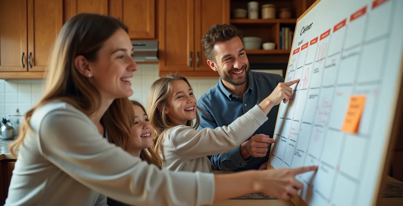 Famille québécoise organisant ensemble les responsabilités domestiques dans une ambiance collaborative