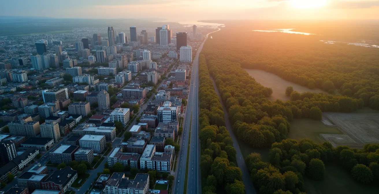 Vue aérienne comparant la densité urbaine de Montréal avec une région rurale québécoise