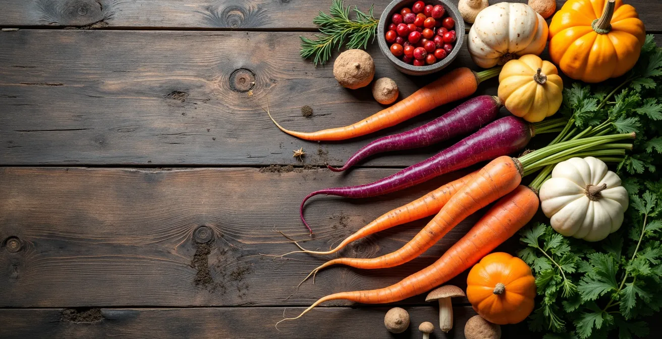 Vue aérienne d'une abondance de légumes racines et produits locaux du Québec disposés en arc-en-ciel