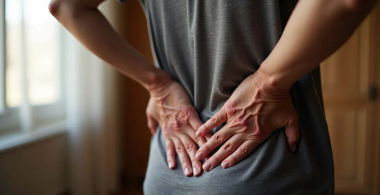 Personne se tenant le bas du dos avec une expression de douleur, illustrant un symptôme de carence en vitamine D.