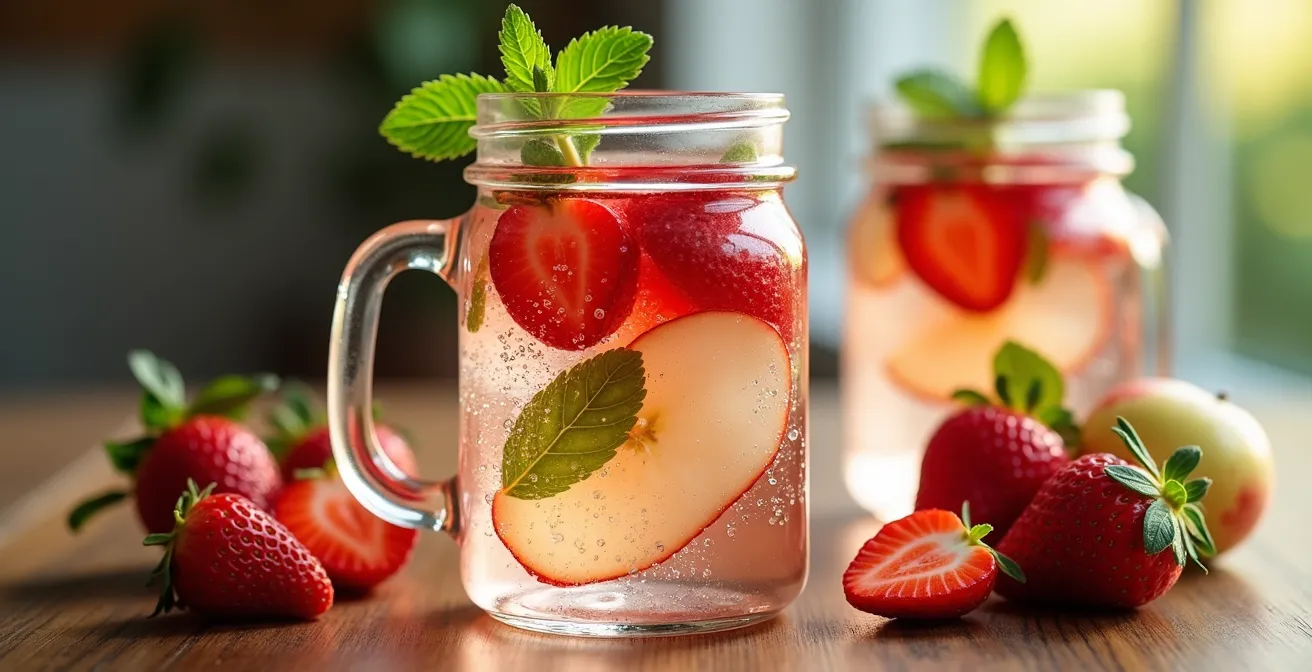 Pot Mason avec eau infusée aux fraises et pommes du Québec sur comptoir de bois