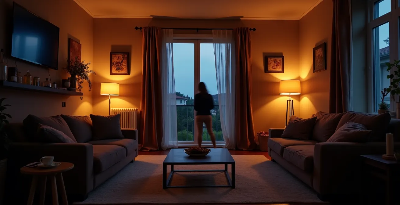 Intérieur avec éclairage d'ambiance chaud en soirée pour favoriser la production de mélatonine