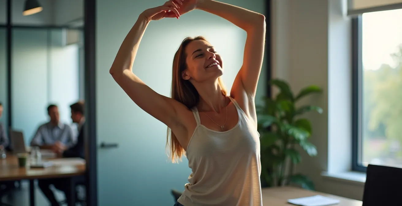 Employé de bureau effectuant des étirements discrets près de son poste de travail