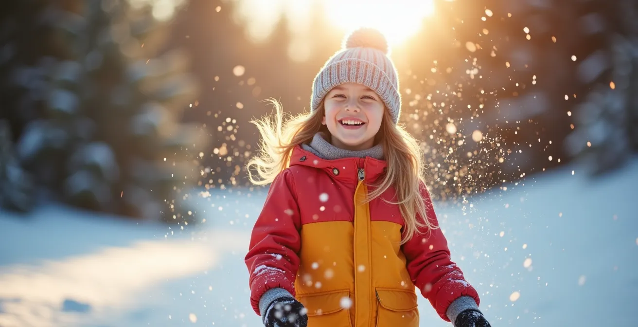 Enfant jouant dehors en hiver avec une lumière dorée du soleil sur la neige, incarnant la vitalité hivernale.