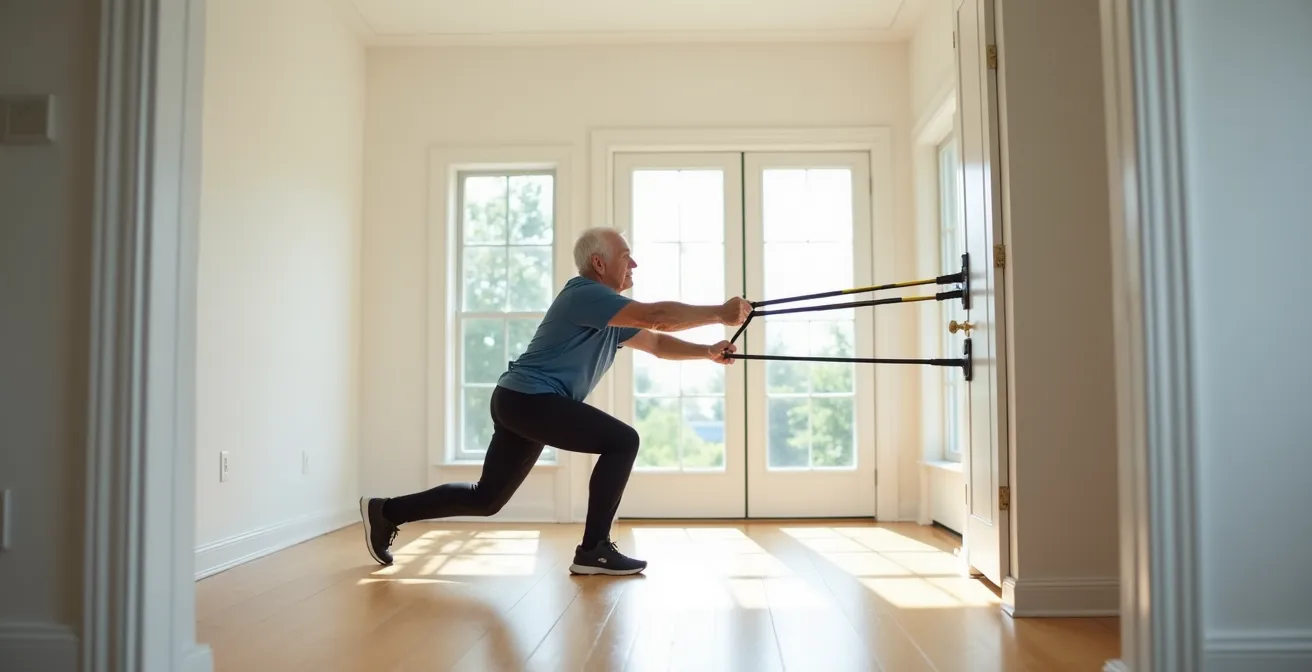 Senior utilisant des bandes élastiques pour un exercice de résistance sécuritaire