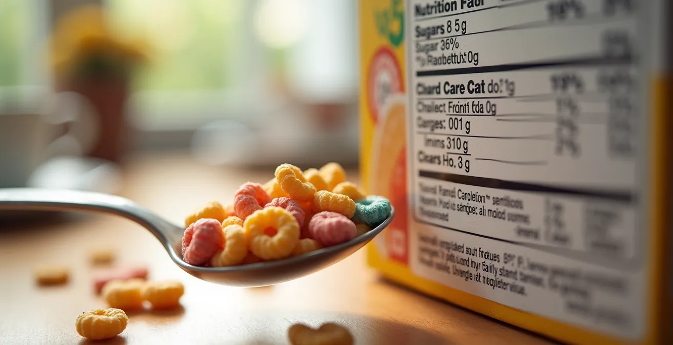 Gros plan sur une étiquette nutritionnelle avec focus sur la ligne des sucres et le pourcentage de valeur quotidienne