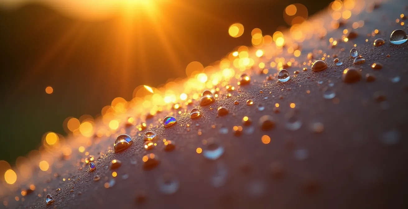 Vue macro sur des gouttes de sueur perlant sur une peau après l'effort physique intense