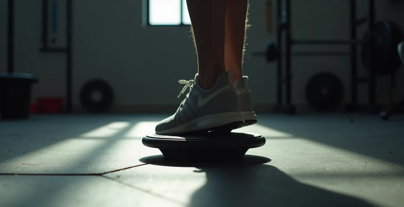 Exercice de proprioception sur wobble board pour renforcer la stabilité de la cheville