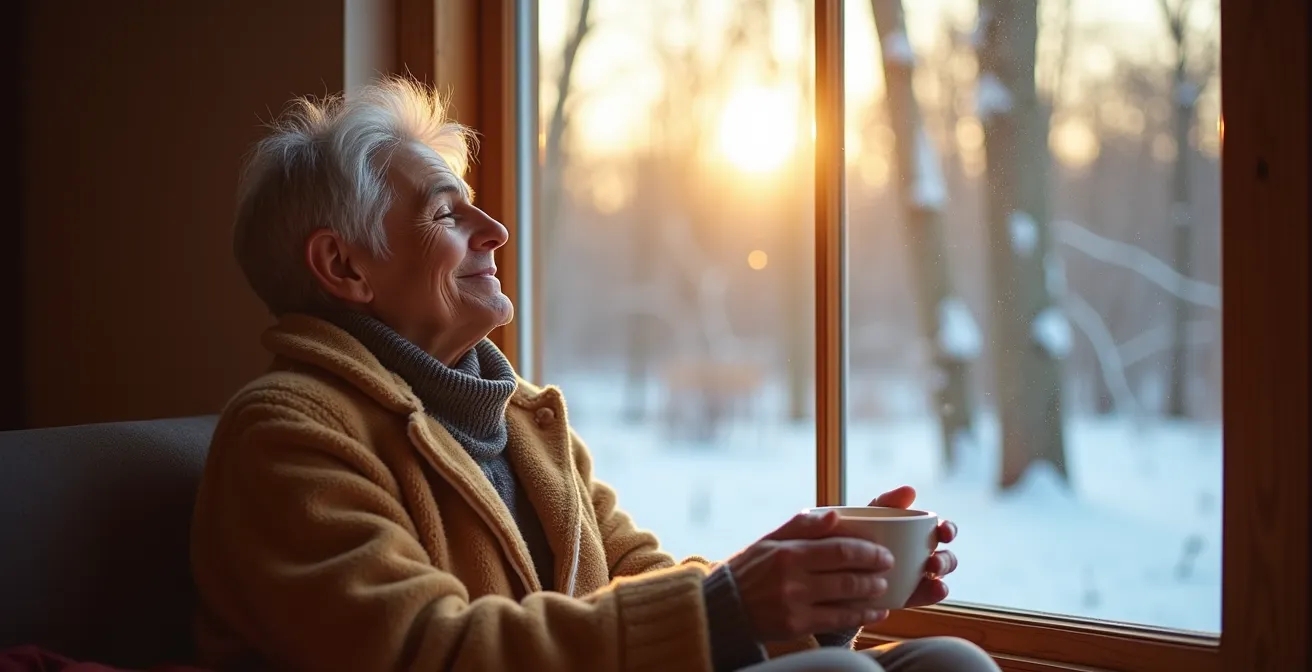 Personne profitant de la lumière matinale hivernale près d'une fenêtre au Québec, favorisant son horloge biologique.