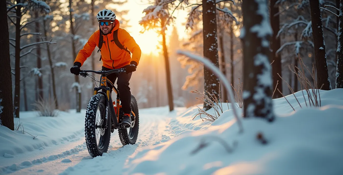Cycliste sur un fatbike traversant un sentier enneigé en forêt boréale
