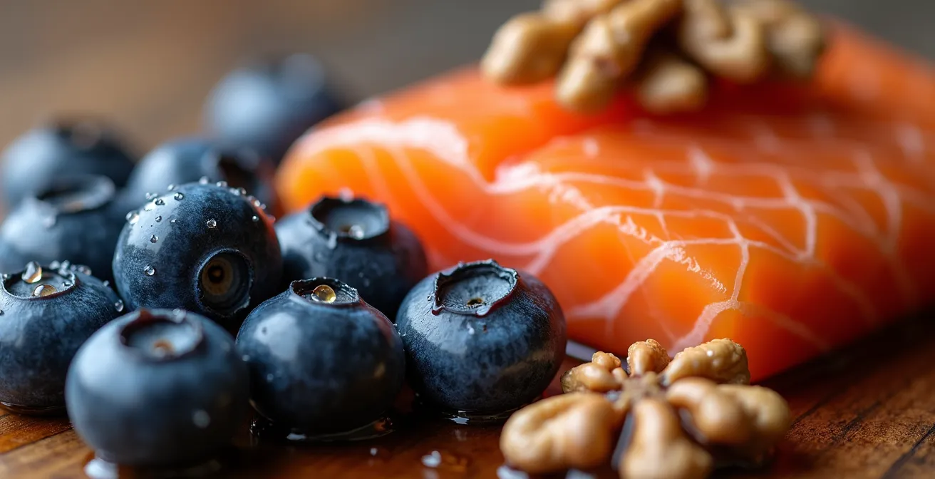 Étalage de super-aliments québécois anti-inflammatoires arrangés sur une table en bois rustique