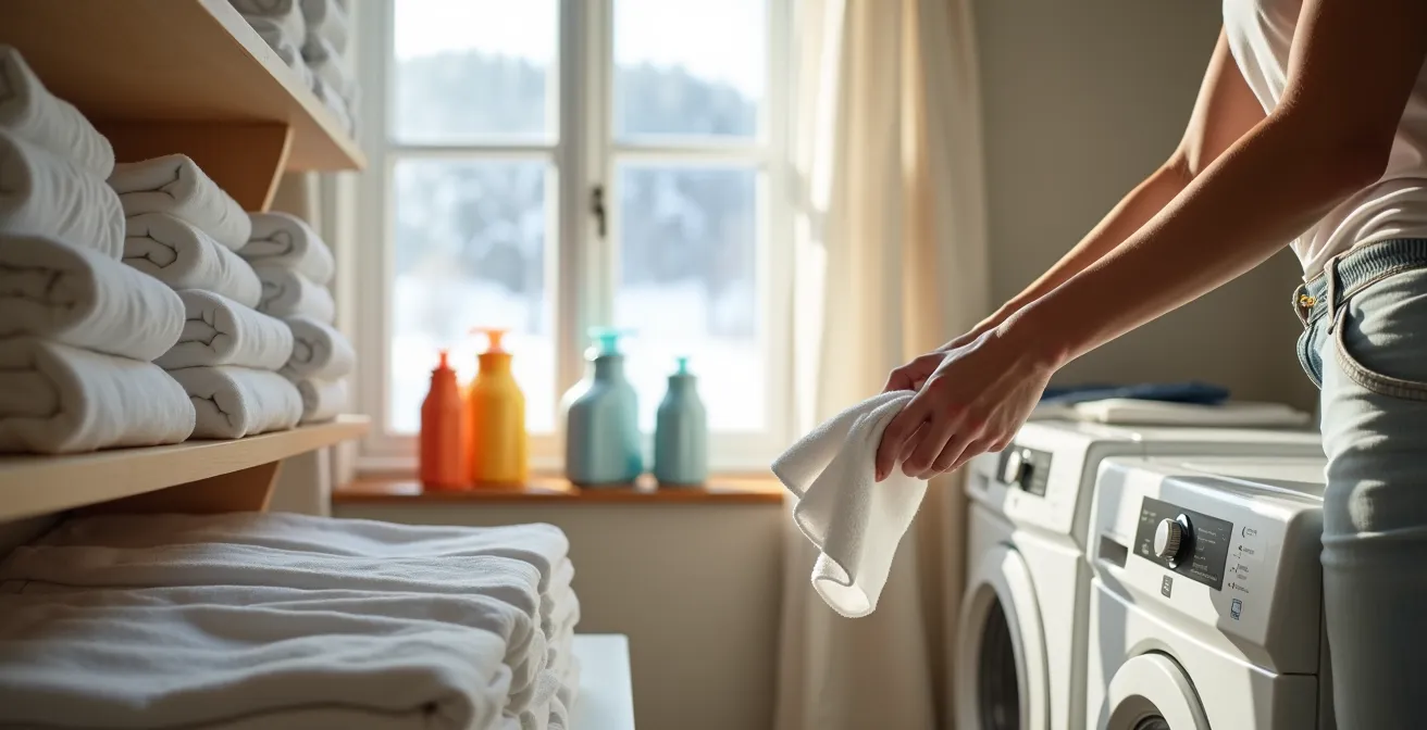 Salle de lavage lumineuse avec linge propre plié sur étagères en bois et vue sur paysage hivernal québécois