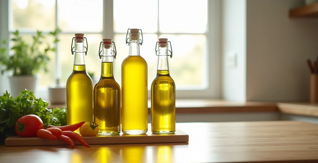 Comparaison visuelle des différentes huiles de cuisine avec focus sur l'équilibre oméga pour la santé