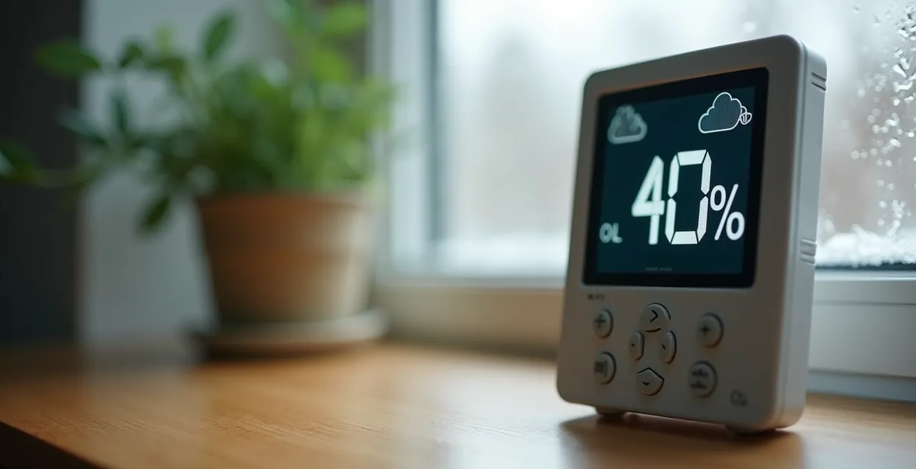 Gros plan d'un hygromètre digital affichant 40% d'humidité dans un intérieur québécois hivernal