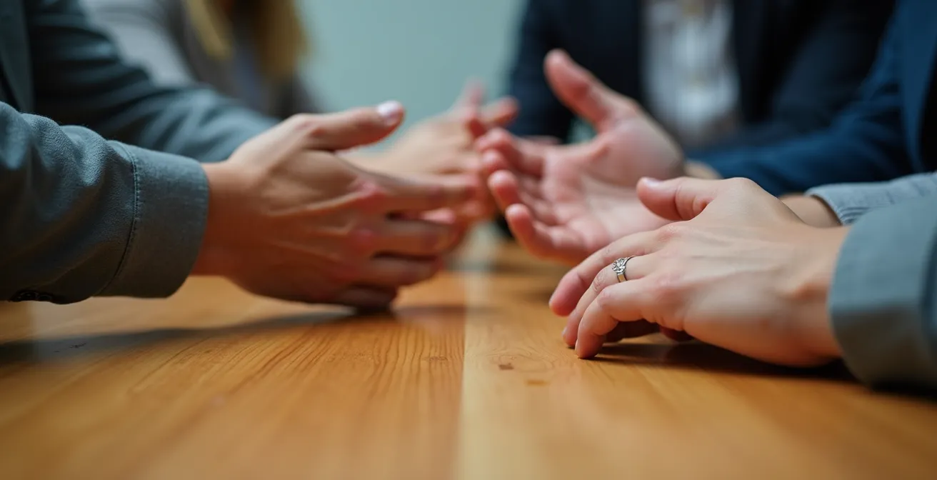 Vue macro sur des mains diverses autour d'une table de réunion montrant la collaboration consensuelle