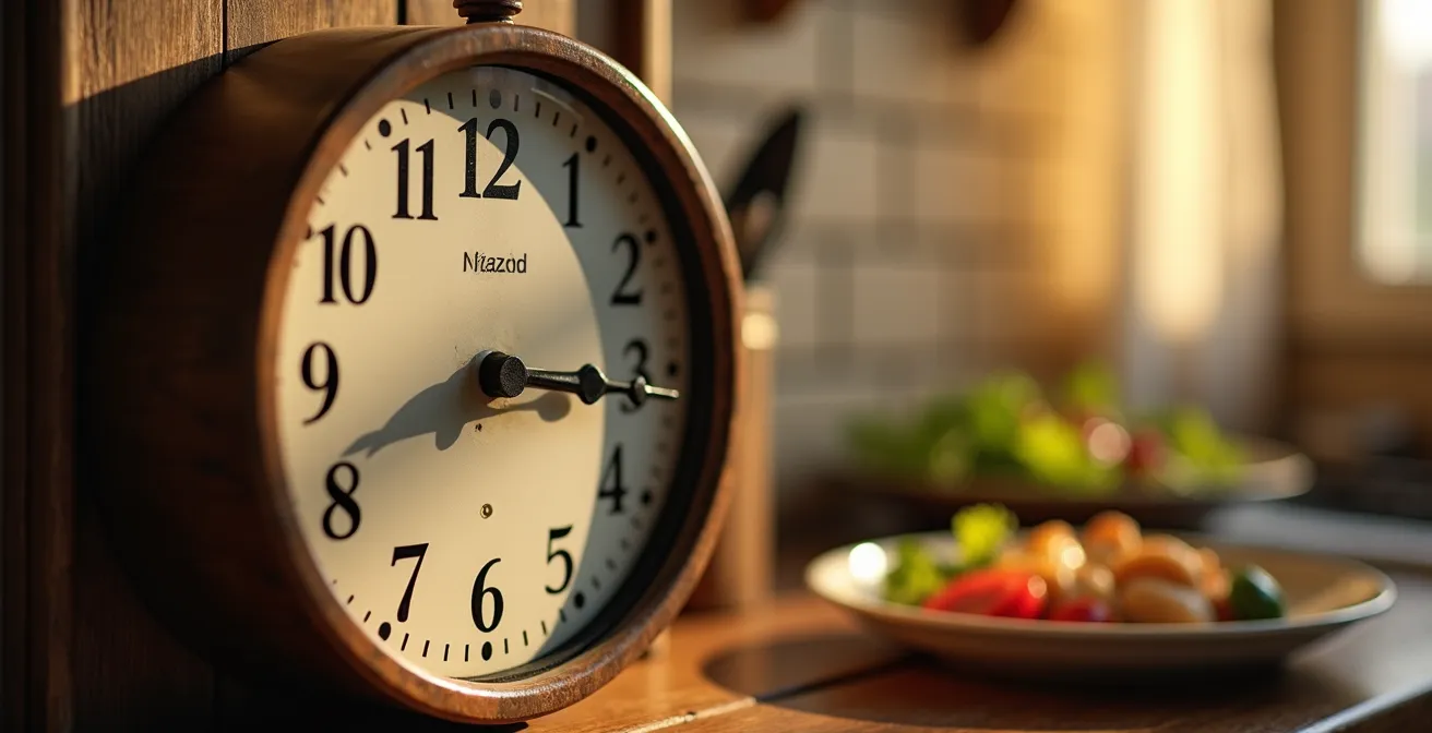 Horloge murale vintage photographiée de profil avec assiette santé en arrière-plan flou