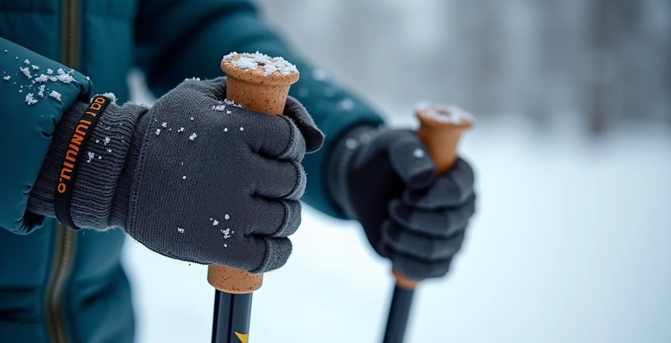 Gros plan macro sur des mains tenant des bâtons de marche nordique dans la neige