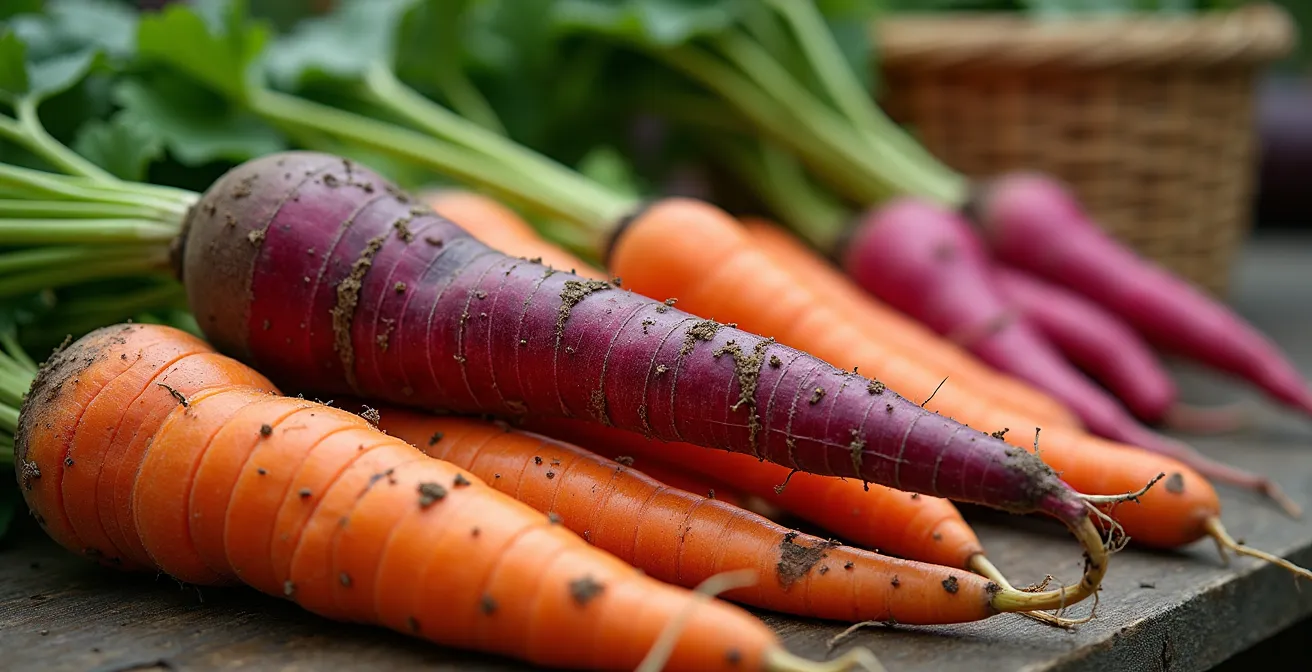 Vue macro de légumes racines colorés du Québec sur un étal de marché public