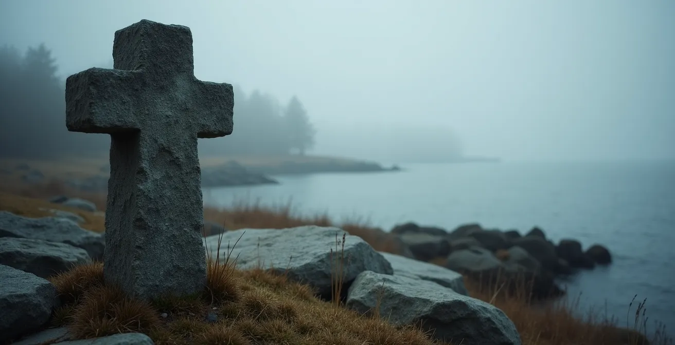 Monument commémoratif historique sur fond de fleuve Saint-Laurent brumeux