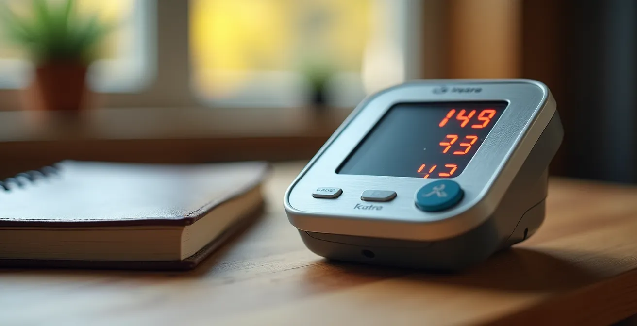 Gros plan sur un tensiomètre automatique posé sur une table en bois avec un carnet de suivi à côté