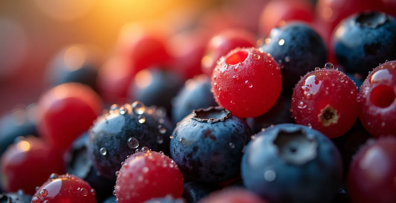 Vue macro de cellules énergétiques représentées par des fruits rouges québécois avec effet de chaleur lumineuse