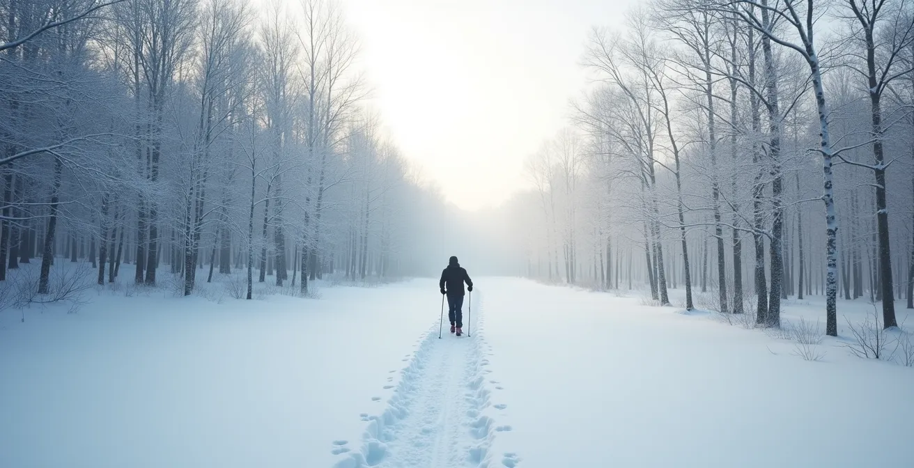 Personne pratiquant la marche méditative en raquettes dans un parc enneigé du Québec